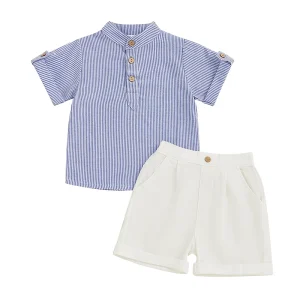 Toddler Boy Casual Summer Outfit Set with Striped Half Button-up Top and Solid Shorts