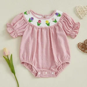 Infant Floral Embroidered Short Sleeve Romper Summer Jumpsuit