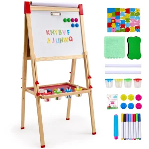 SucceBuy Children Magnetic Drawing Board Wooden Double-Sided  Art Easel with Whiteboard Chalkboard