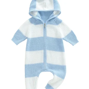 Baby Jumpsuit Long Sleeve Hooded Zipper Closure Knit Romper