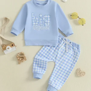 Toddler Boy Autumn Outfit with Letter Embroidery Sweatshirt and Plaid Pants Set
