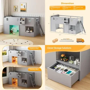 Twin Size Loft Bed with LED Lighting, Storage Drawer Modern Farmhouse Style with Castle Railing and Window