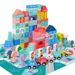 Wooden Building Blocks Set with City Map for Toddlers